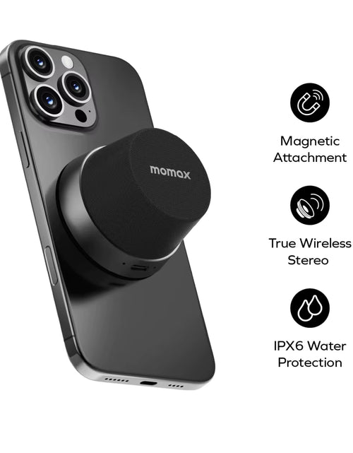 Load image into Gallery viewer, MOMAX 1-Vibe Go: Magnetic Wireless Speaker &amp; Phone Stand with IPX6 Waterproof Protection
